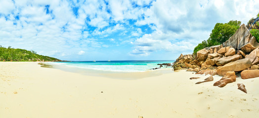 panoramic view of beach petite anse, la digue, seychelles