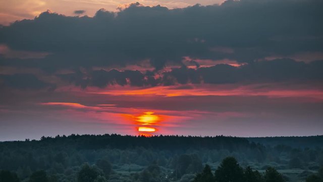 Sunrise Over Forest Landscape. Scenic View Of Morning Sky With Rising Sun Above Forest. Early Summer Nature Of Europe. Time Lapse, Timelapse, Time-lapse