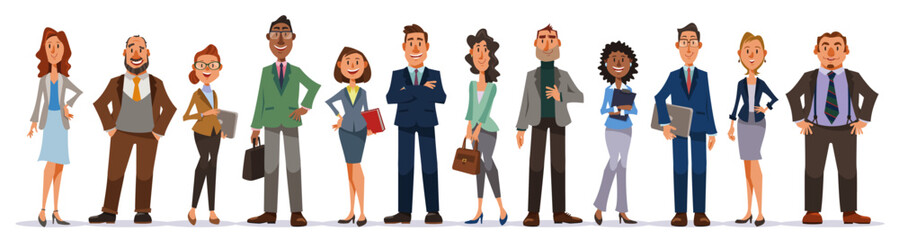 オフィスで働く人々のセット。男女の会社員たちが笑顔で立つ全身像。