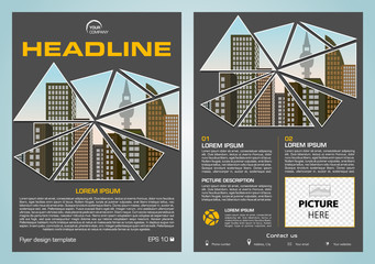 Vector flyer, corporate business, annual report, brochure design and cover presentation with vector city in triangle in grey and yellow color