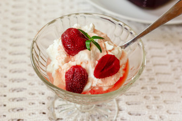 Dessert, cream fresh with strawberry jam