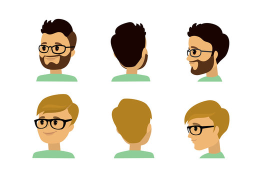 Set of cartoon male head in front, profile and back,