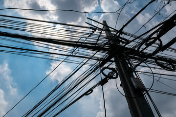 Messy electrical cables in Bangkok, Thailand.