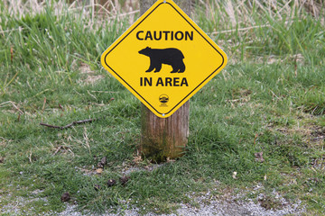 A caution bear in area sign low down on a post close to the grass.