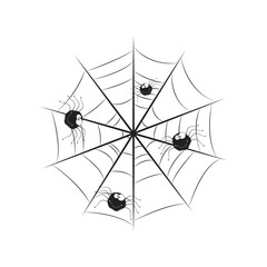 Spiders in the web. Happy Halloween vector lettering. Holiday calligraphy with spider and web for banner, poster, greeting card, party invitation. Isolated illustration.