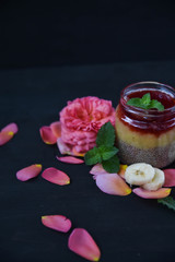 desert chia pudding. tea rose with banana. art soft focus