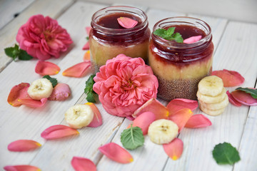 desert chia pudding. tea rose with banana. art soft focus