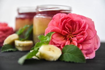 desert chia pudding. tea rose with banana. art soft focus