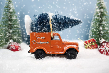 Merry Christmas and a happy new year mit Schneemann und Winterlandschaft