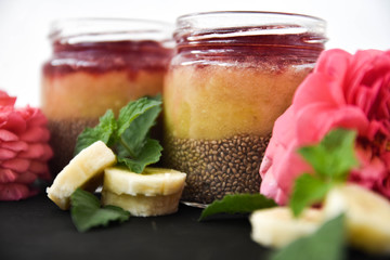 desert chia pudding. tea rose with banana. art soft focus