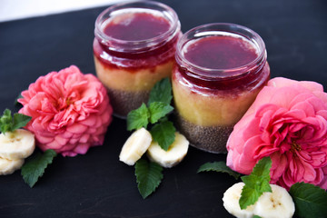 desert chia pudding. tea rose with banana. art soft focus