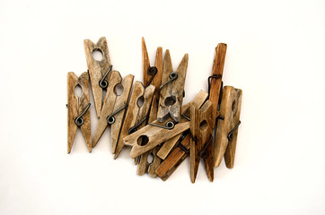 wooden old clothespins piecemeal, isolate on white background