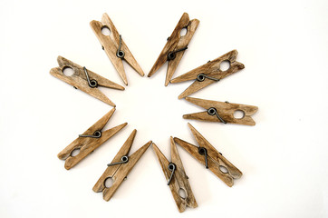 wooden old clothespins piecemeal, isolate on white background