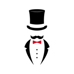 Gentleman with mustache in tuxedo and vintage hat. Black and white emblem design. Vector illustration