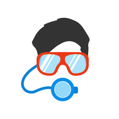 Portrait of man in mask and glasses for underwater swimming. Scuba diver. Flat style people icon. Vector illustration.