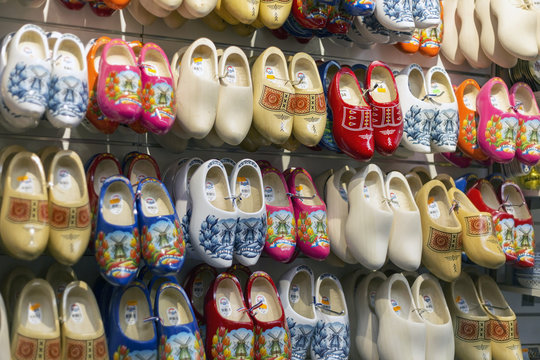 Amsterdam, Netherlands - July 02, 2018: Klomp - Dutch wooden shoes in the shop window