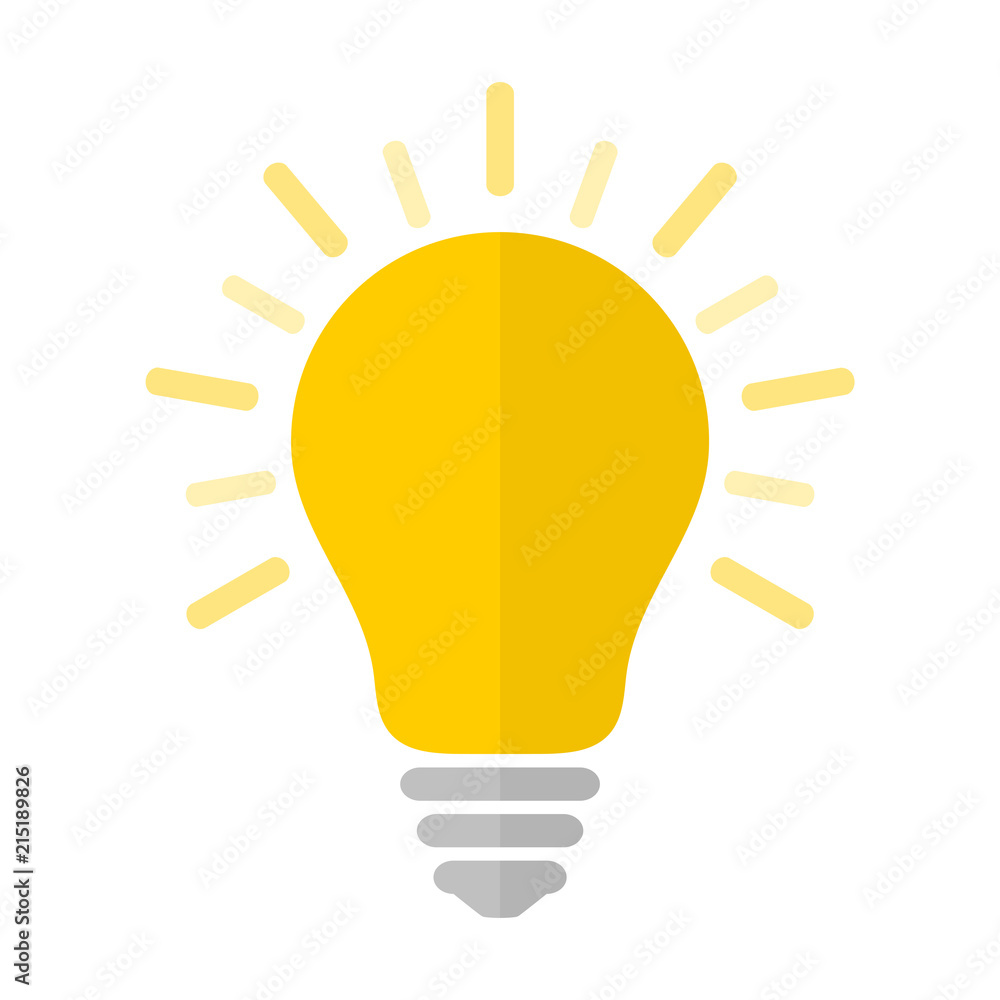 Poster flat light bulb icon with rays. idea and creativity symbol.