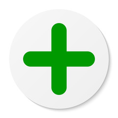 Flat white round sticker plus sign icon, button. Positive symbol isolated on white background.