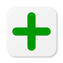 Flat white square sticker plus sign icon, button. Positive symbol isolated on white background.