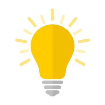 Flat light bulb icon with rays. Idea and creativity symbol.