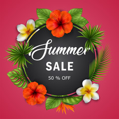 Summer sale banner with tropical flowers and leaves for promotion
