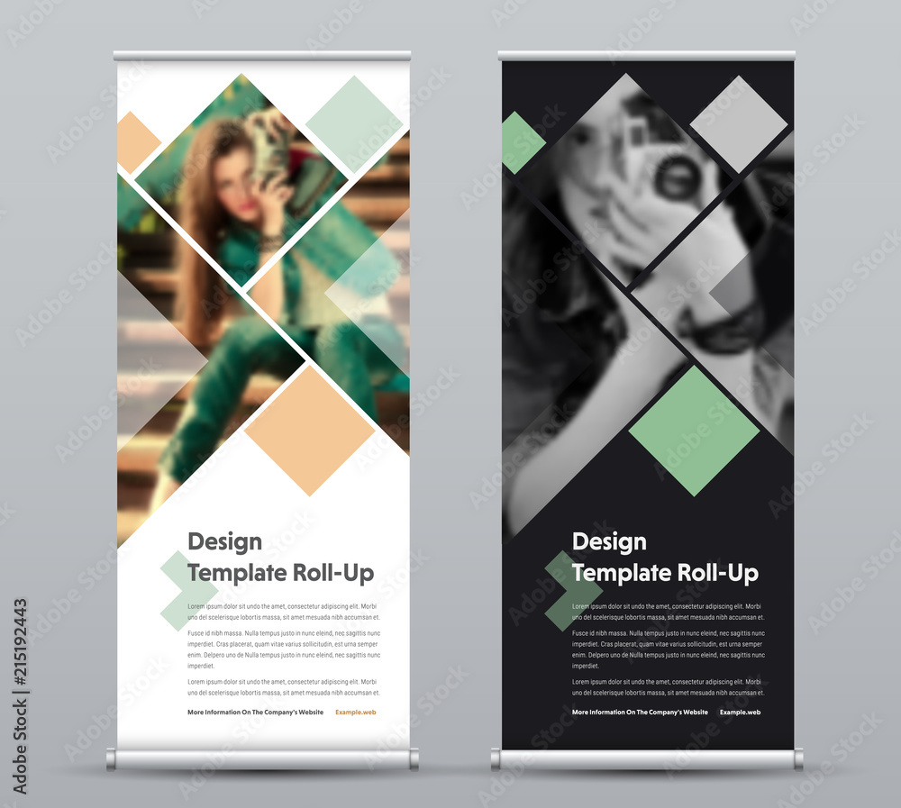 Poster Template of vertical roll-up banner with square elements for a photo.