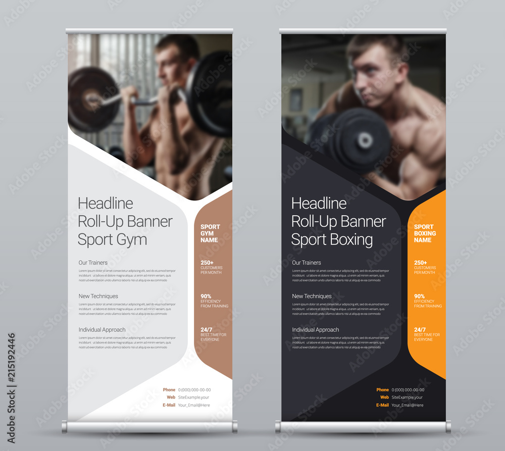 Poster Template of vertical roll-up banner with hexagonal elements for a photo