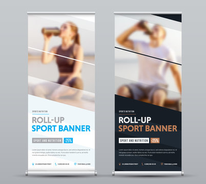 Design of vertical vector roll-up banner with diagonal elements for a photo