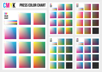CMYK press color chart. CMYK process printing match. Cyan, magenta, yellow, black are base colors and others has been created combining them. To use in prepress and the press to choose color samples - obrazy, fototapety, plakaty