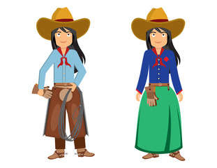two girls cowboys one in a skirt another in pants