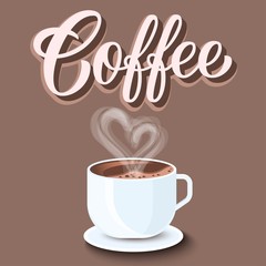 Coffee hand lettering, brush calligraphy with 3d shadow and cup on retro brown background. Type vector illustration.