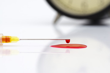 close up flat syringe with red blood inside