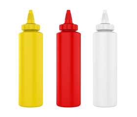 Tomato Ketchup, Mustard and Mayonnaise Bottles Isolated