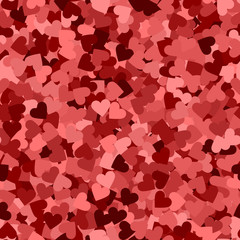 Glitter seamless texture. Actual red particles. Endless pattern made of sparkling hearts. Shapely ab