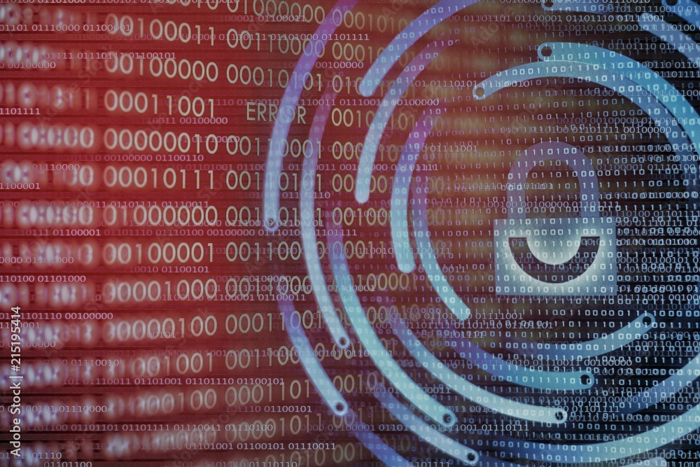 Poster protect from viruses. double exposure of blue padlock icon with smile shape and red binary code with