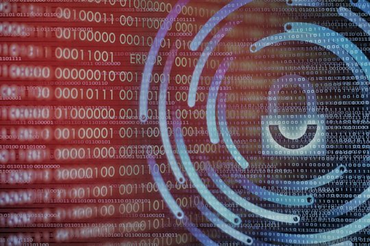 protect from viruses. double exposure of blue padlock icon with smile shape and red binary code with error messages background. privacy information safe in online cyberspace environment. 