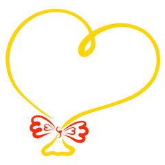 Yellow balloon in the shape of heart with a red bow, frame
