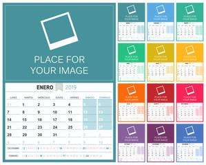 Spanish Calendar 2019 / Spanish planning calendar 2019, week starts on Monday, colorful calendar template with place for your image, vector illustration