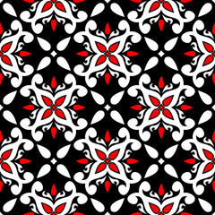 Seamless floral pattern. Red and white elements on black background