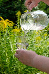 Kanne giesst Wasser in Glas (im Garten)