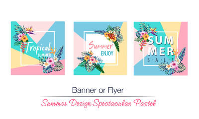 tropical flowers and palms summer banner graphic background 