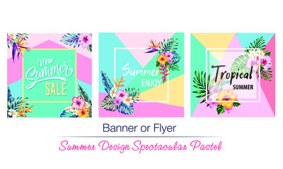 Fototapeta na wymiar tropical flowers and palms summer banner graphic background exotic floral invitation flyer, Spectacular pastel