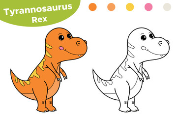 Coloring page or book for kids. Educational game. Hand drawn cartoon dinosaur Tyrannosaurus Rex. Vector illustration.