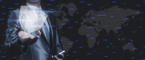 Businessman work with block of binary numeral system of AI, Network Security and globalization...
