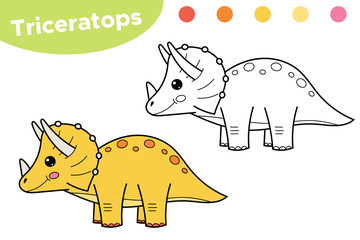 Coloring page for kids. Funny cartoon dinosaur Triceratops. Hand drawn character. Educational game. Vector illustration. © Kristina