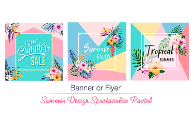 Fototapeta na wymiar tropical flowers and palms summer banner graphic background
