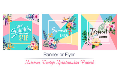 tropical flowers and palms summer banner graphic background 