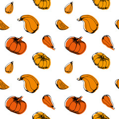 Hand drawn pumpkins pattern.Different kinds of pumpkins.Autumn pattern background. Vector illustration.