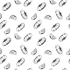 Hand drawn pumpkins pattern.Different kinds of pumpkins.Autumn pattern background. Monochrome, black and white. Vector illustration.