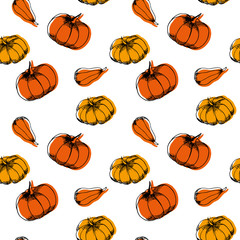 Hand drawn pumpkins pattern.Different kinds of pumpkins.Autumn pattern background. Vector illustration.